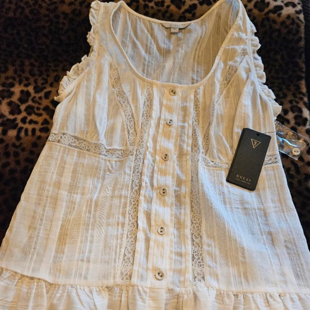 Guess white ruffle lace top in size small.